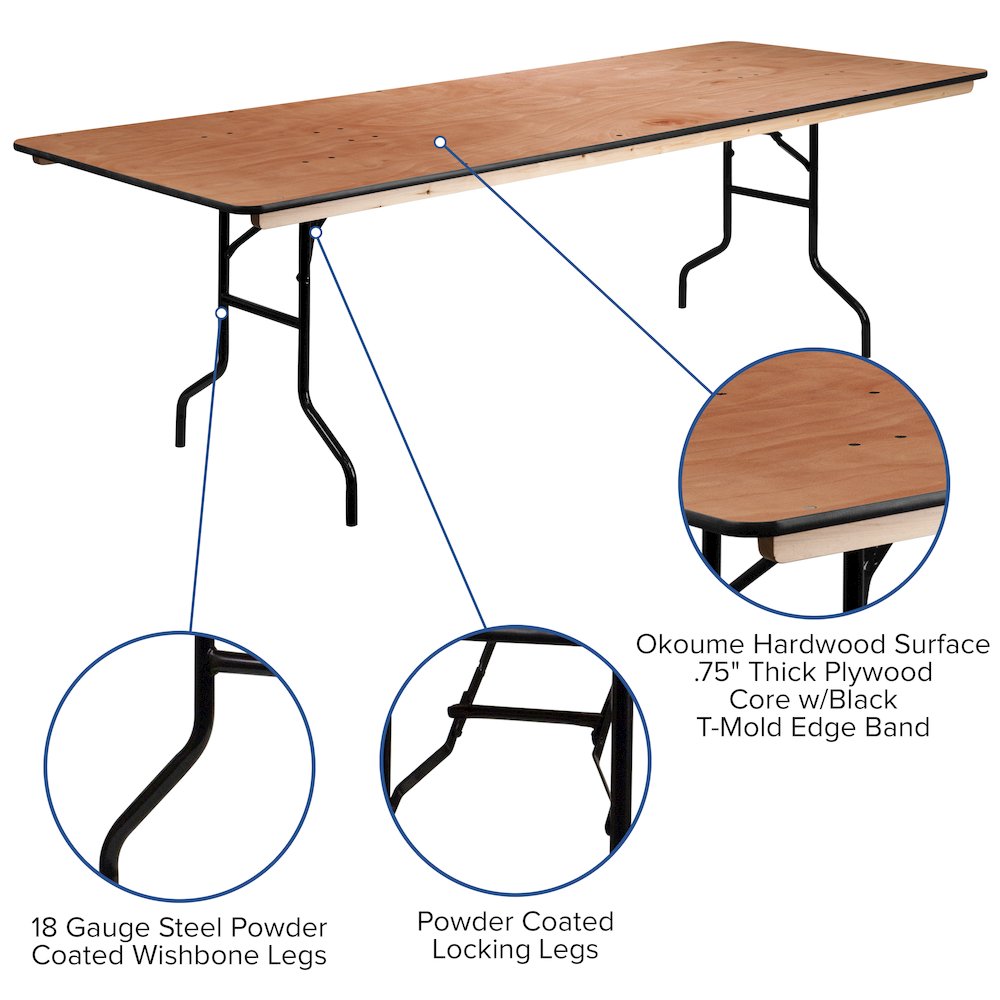 8-Foot Rectangular Wood Folding Banquet Table with Clear Coated Finished Top. Picture 5