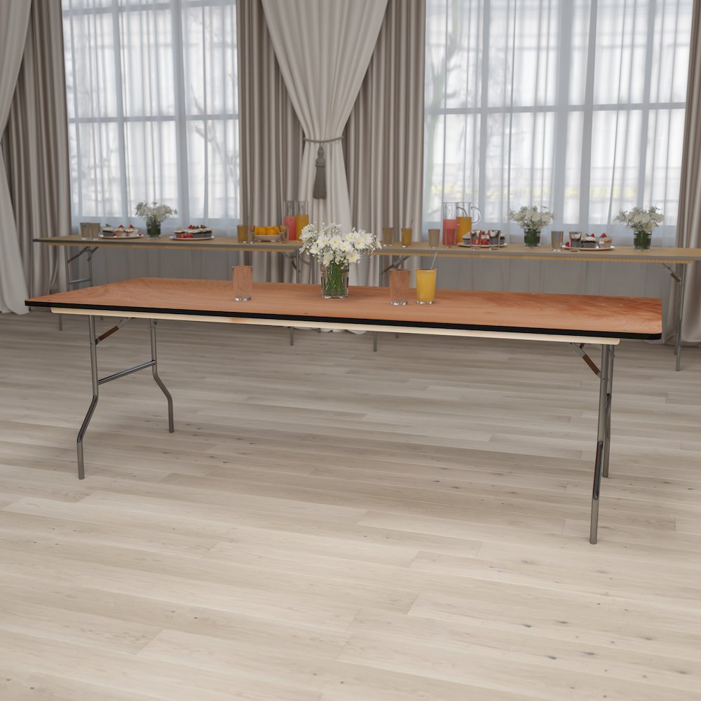 8-Foot Rectangular Wood Folding Banquet Table with Clear Coated Finished Top. Picture 2