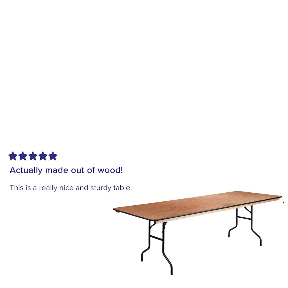 8-Foot Rectangular Wood Folding Banquet Table with Clear Coated Finished Top. Picture 4