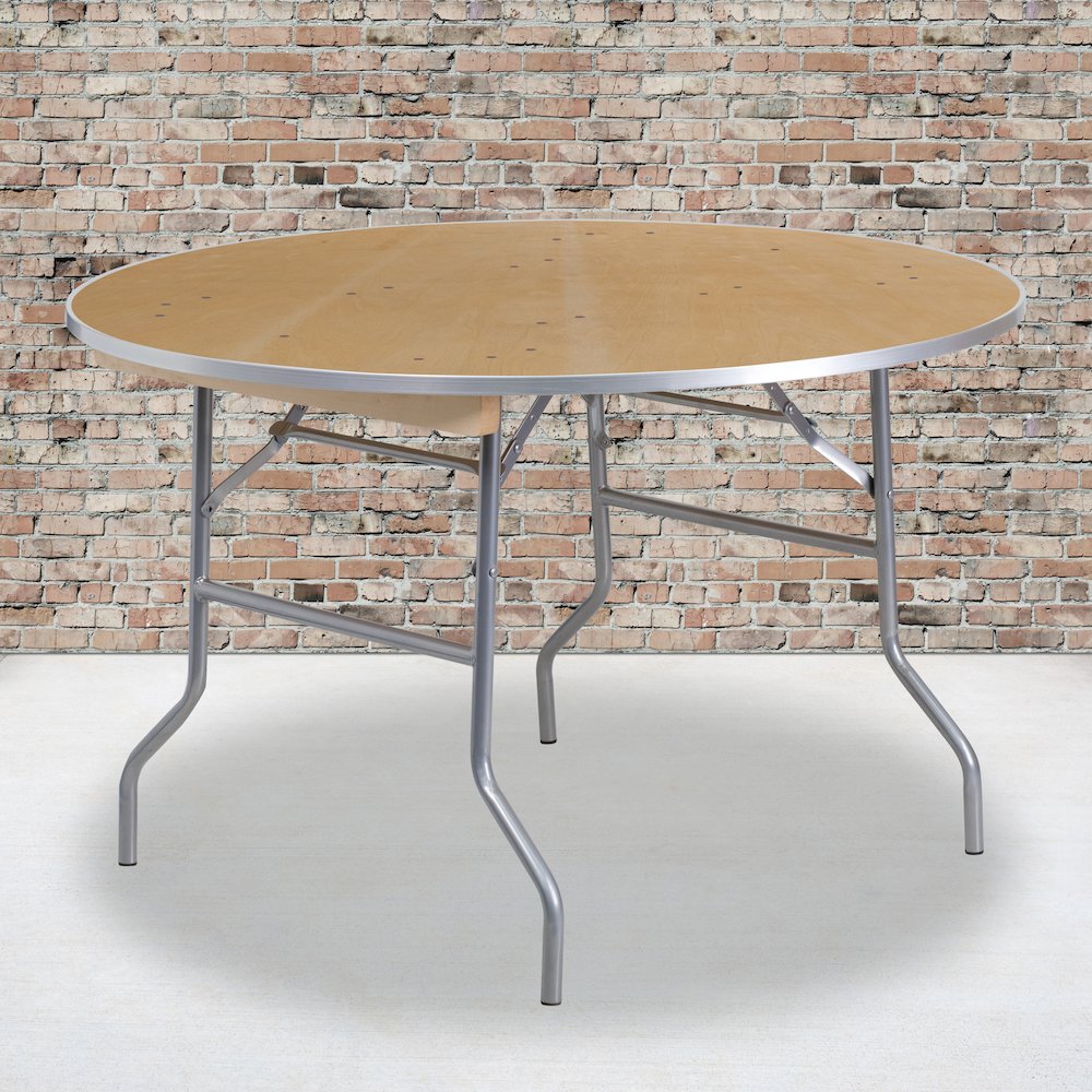 4-Foot Round HEAVY DUTY Birchwood Folding Banquet Table with METAL Edges. Picture 2