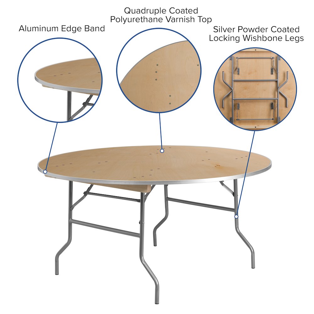 5-Foot Round HEAVY DUTY Birchwood Folding Banquet Table with METAL Edges. Picture 5