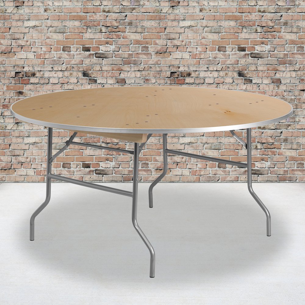 5-Foot Round HEAVY DUTY Birchwood Folding Banquet Table with METAL Edges. Picture 2