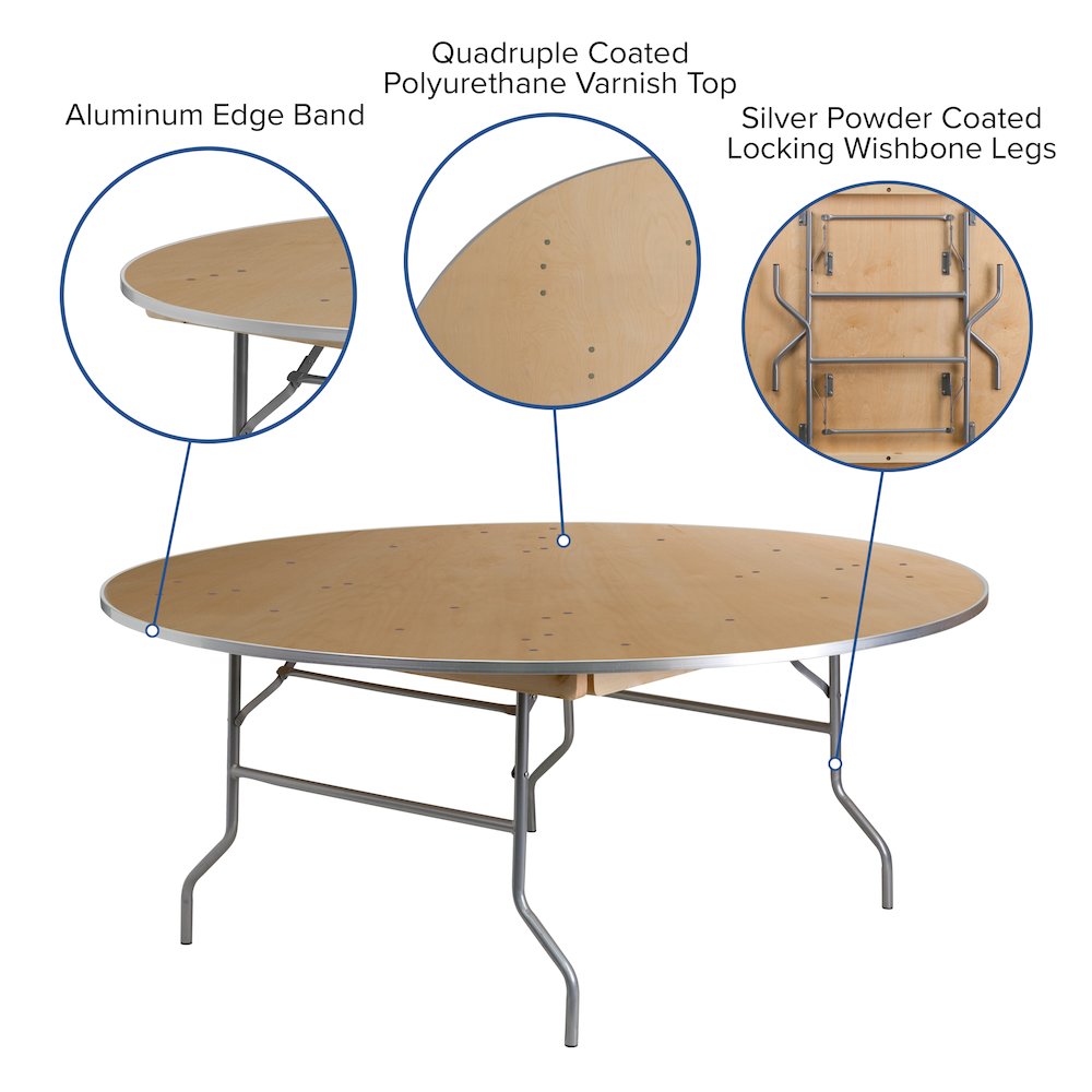 6-Foot Round HEAVY DUTY Birchwood Folding Banquet Table with METAL Edges. Picture 5