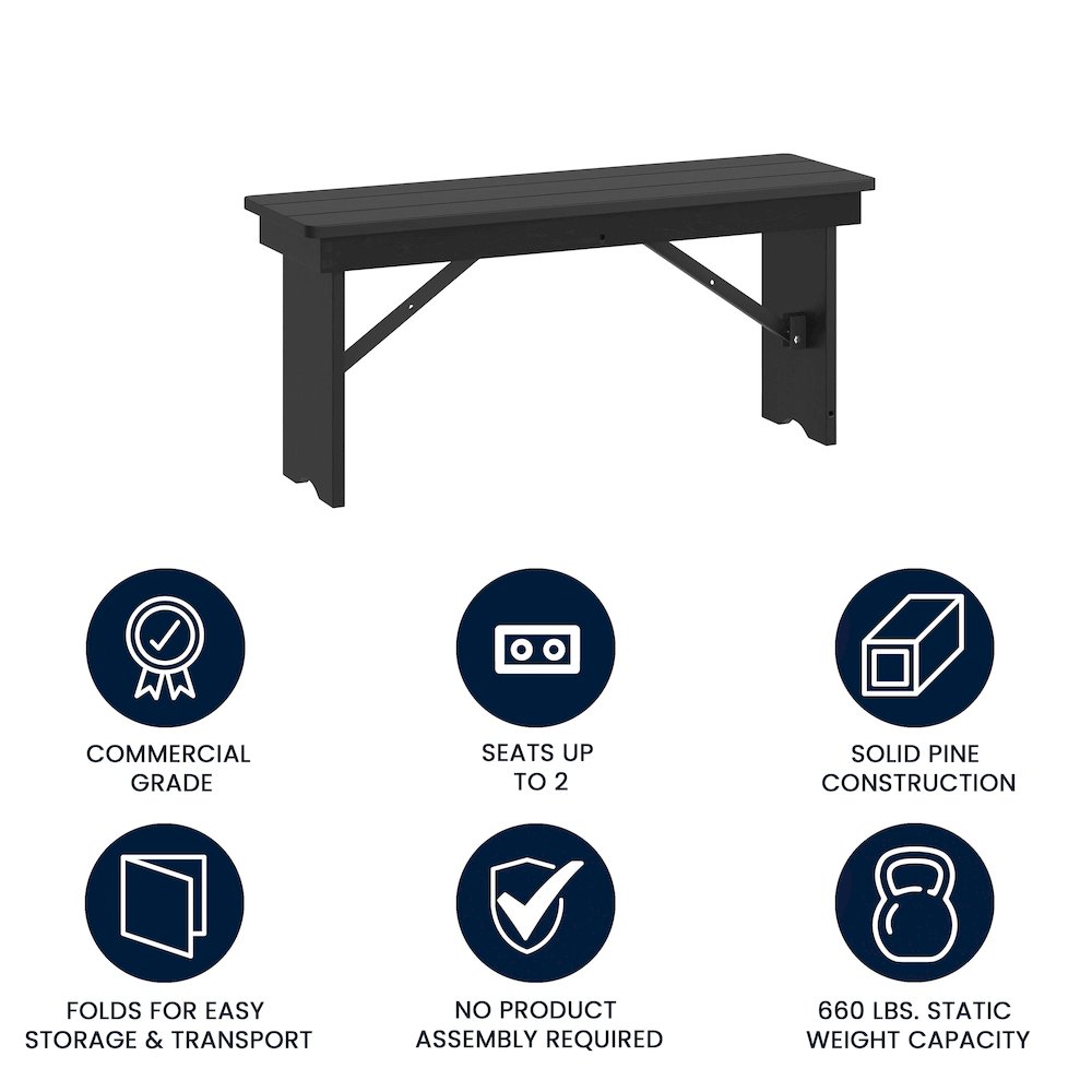 40" x 12" Black Wash Antique Solid Pine Farmhouse Folding Bench. Picture 4