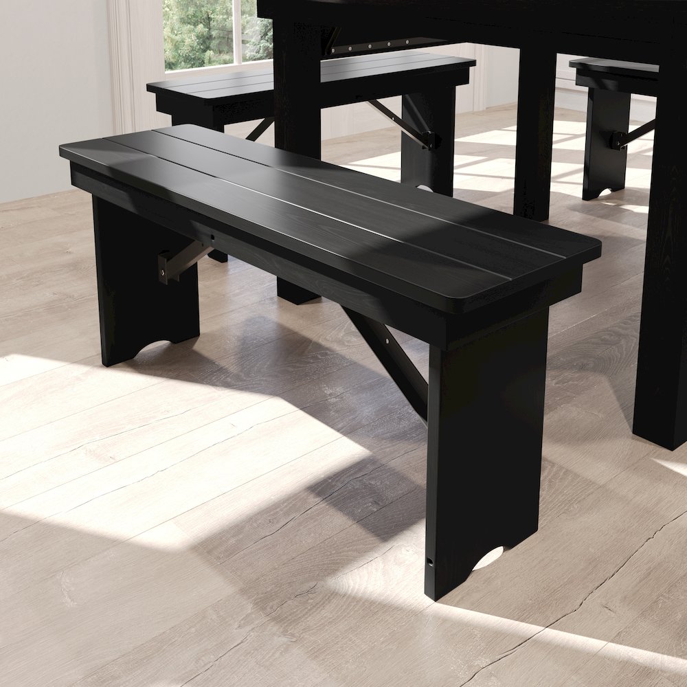 40" x 12" Black Wash Antique Solid Pine Farmhouse Folding Bench. Picture 8