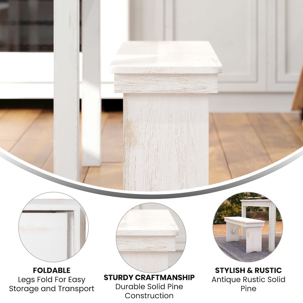 40" x 12" Antique Rustic White Solid Pine Folding Farm Bench. Picture 5