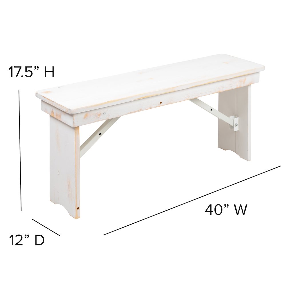 HERCULES Series 40" x 12" Antique Rustic White Solid Pine Folding Farm Bench. Picture 2