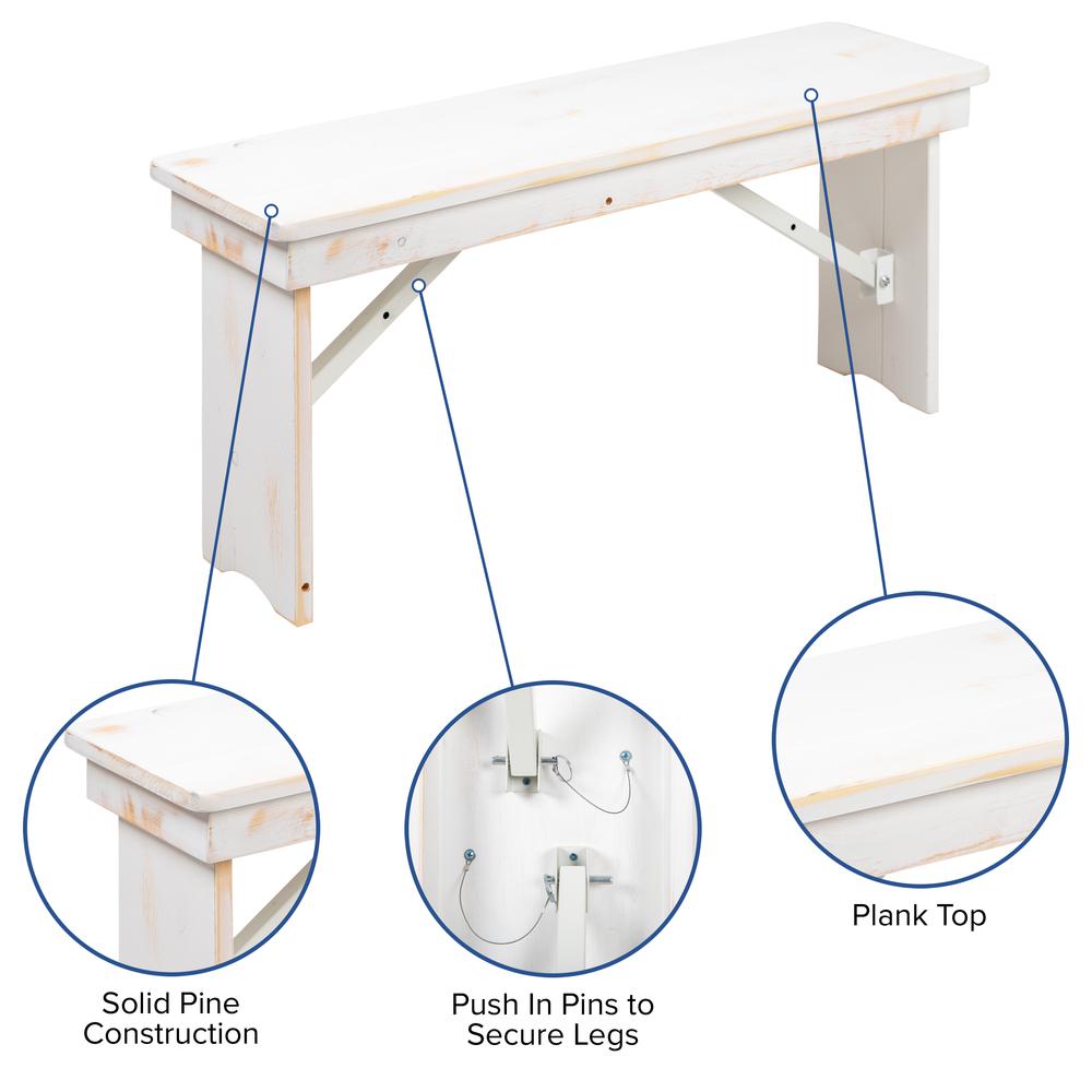 HERCULES Series 40" x 12" Antique Rustic White Solid Pine Folding Farm Bench. Picture 5