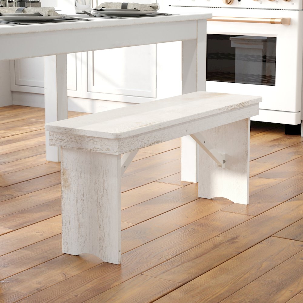 HERCULES Series 40" x 12" Antique Rustic White Solid Pine Folding Farm Bench. Picture 11