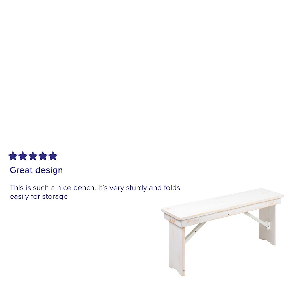 HERCULES Series 40" x 12" Antique Rustic White Solid Pine Folding Farm Bench. Picture 12