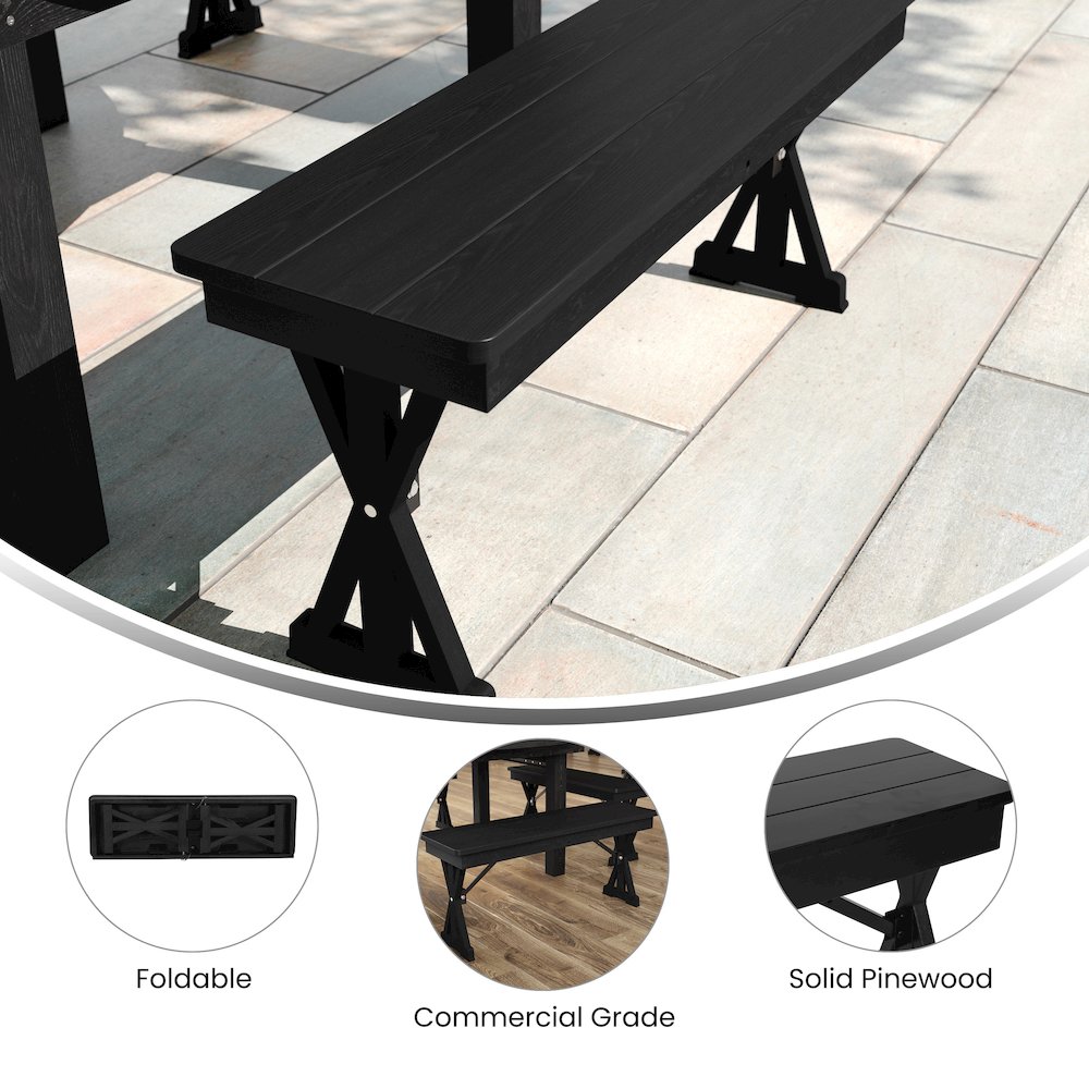 40" x 12" Black Wash Antique Solid Pine Farmhouse Folding Bench. Picture 5