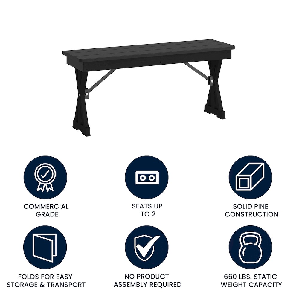 40" x 12" Black Wash Antique Solid Pine Farmhouse Folding Bench. Picture 4