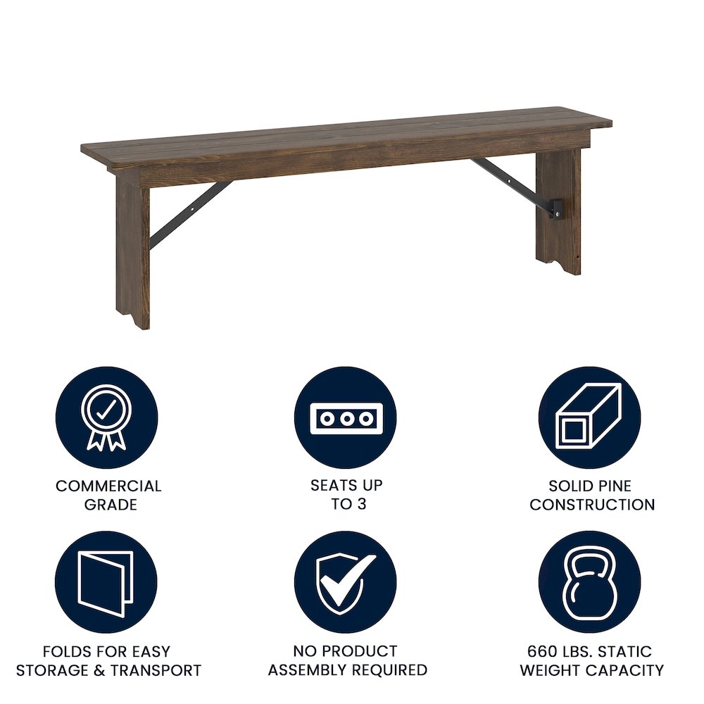 60" x 12" Antique Rustic Antique Solid Pine Farmhouse Folding Bench. Picture 4