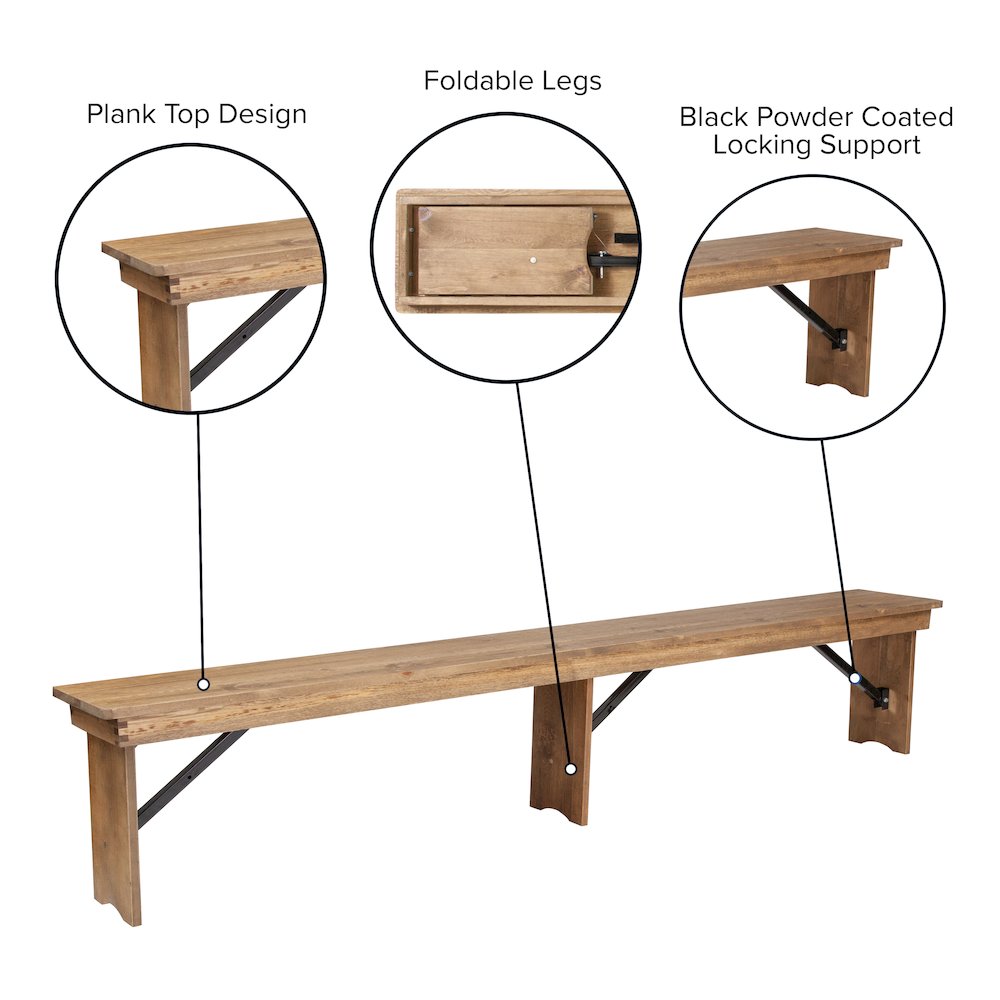 8' x 12'' Antique Rustic Solid Pine Folding Farm Bench with 3 Legs. Picture 6