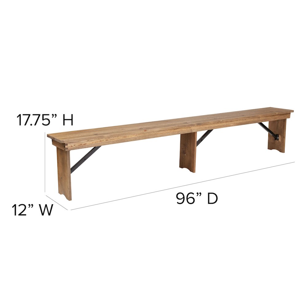 8' x 12'' Antique Rustic Solid Pine Folding Farm Bench with 3 Legs. Picture 7