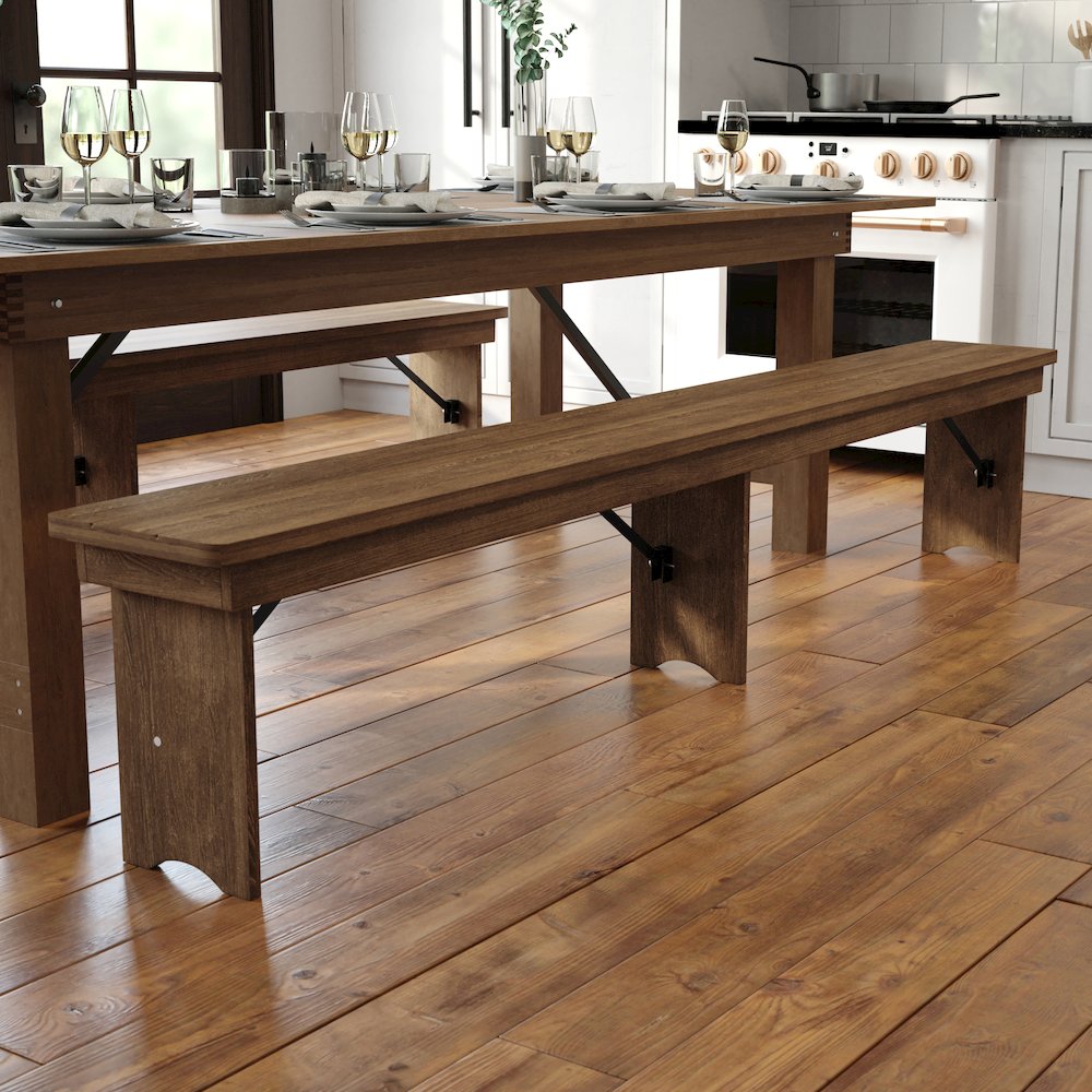 8' x 12'' Antique Rustic Solid Pine Folding Farm Bench with 3 Legs. Picture 2