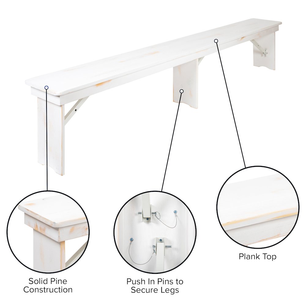 8' x 12" Antique Rustic Solid White Pine Folding Farm Bench with 3 Legs. Picture 6