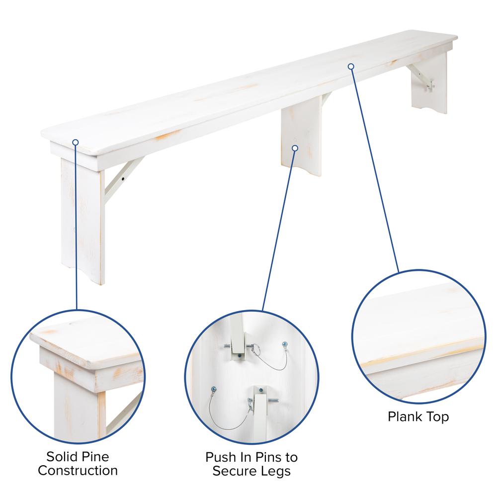 HERCULES Series 8' x 12" Antique Rustic Solid White Pine Folding Farm Bench with 3 Legs. Picture 5