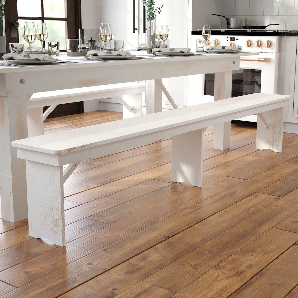 HERCULES Series 8' x 12" Antique Rustic Solid White Pine Folding Farm Bench with 3 Legs. Picture 11