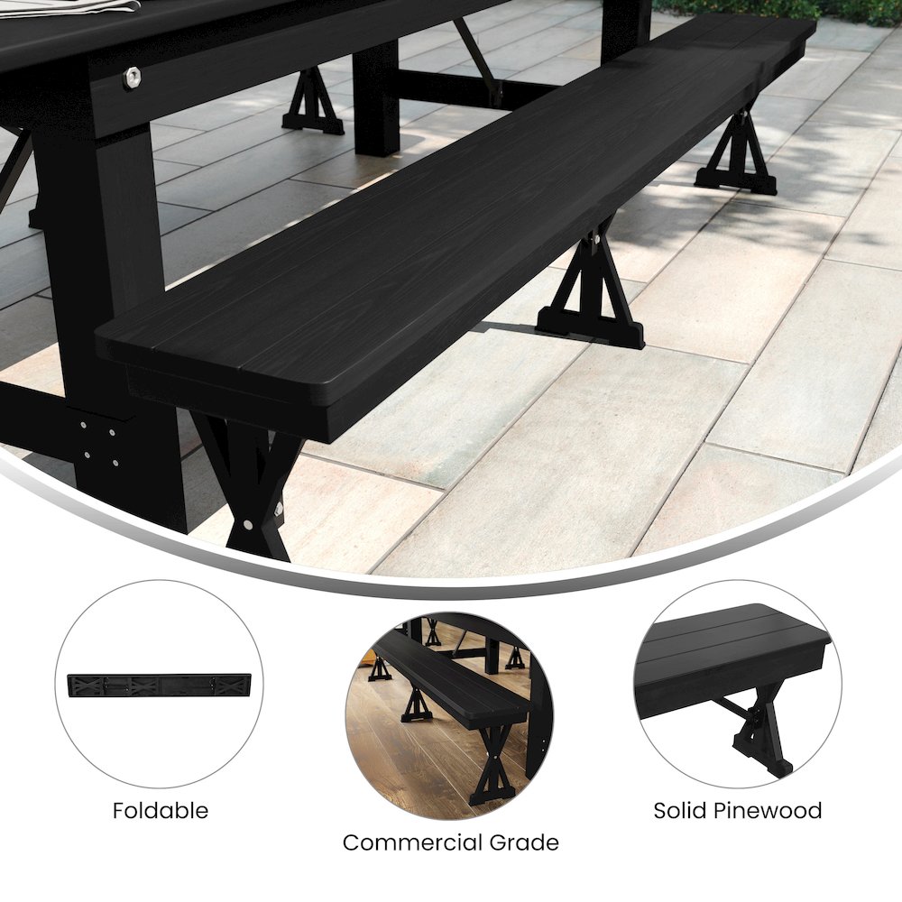 8' x 12'' Black Wash Antique Solid Pine Farmhouse Folding Bench. Picture 5