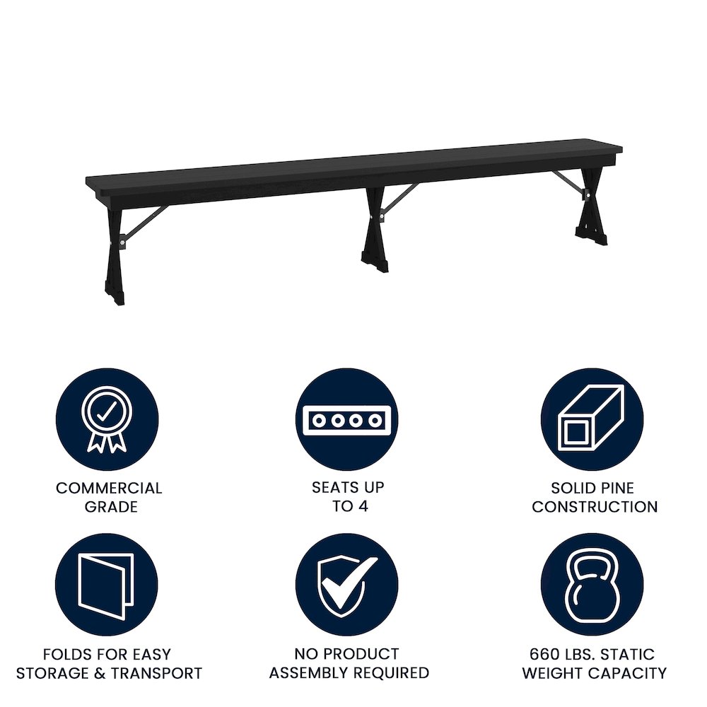 8' x 12'' Black Wash Antique Solid Pine Farmhouse Folding Bench. Picture 4