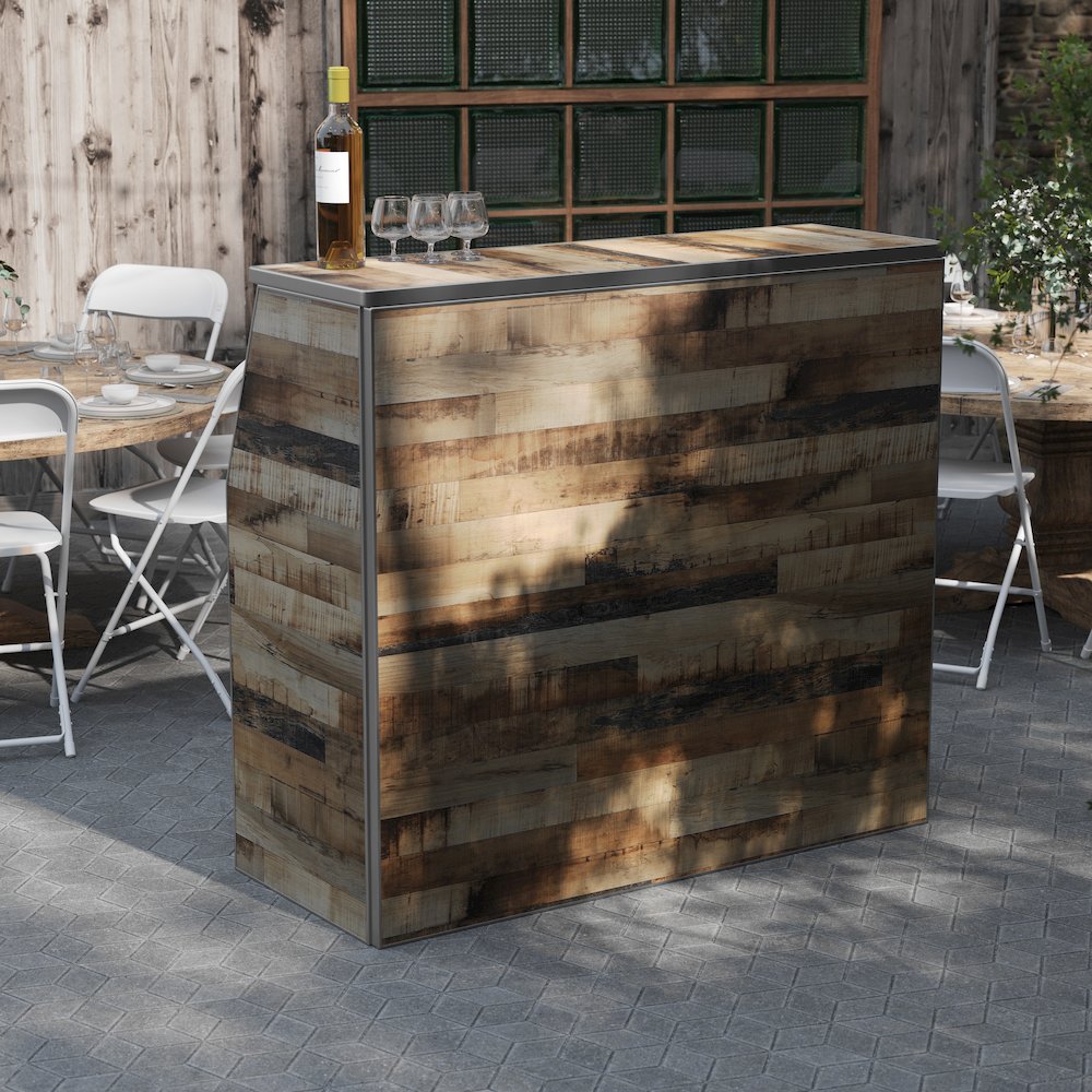 Amara 4' Rustic Natural Wood Plank Laminate Foldable Bar - Portable Event Bar. Picture 3