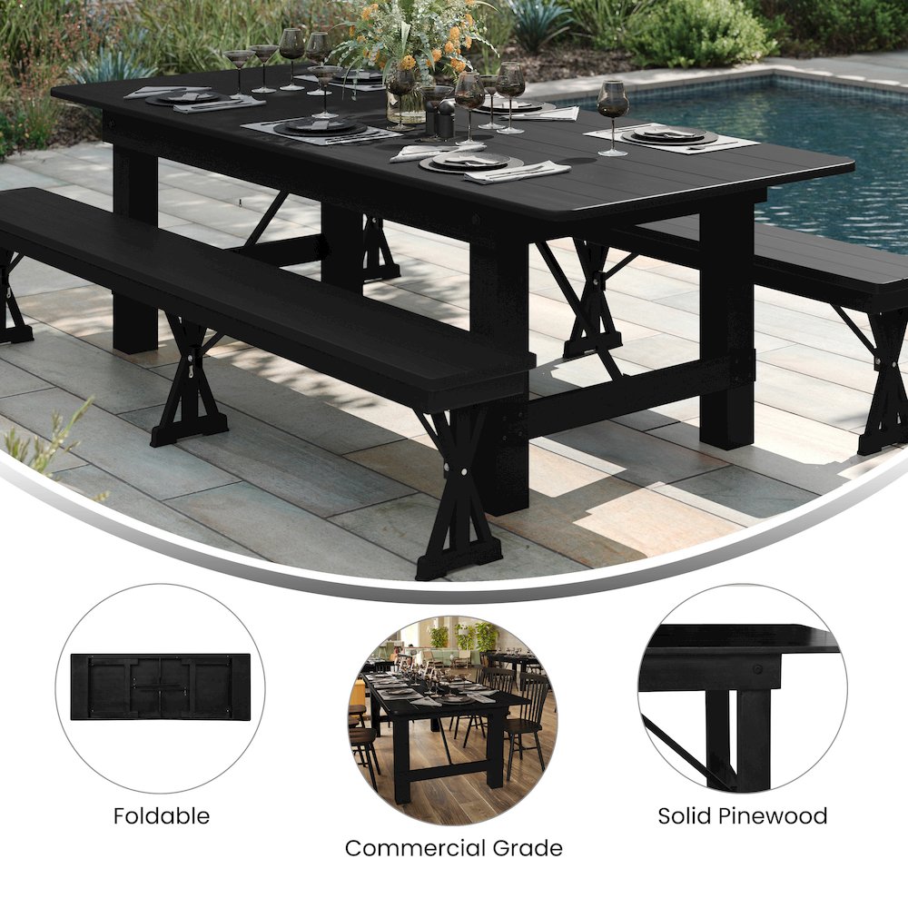 9'x 40" Rectangular Black Wash Farmhouse Folding Table,Antique Rustic Solid Pine. Picture 5