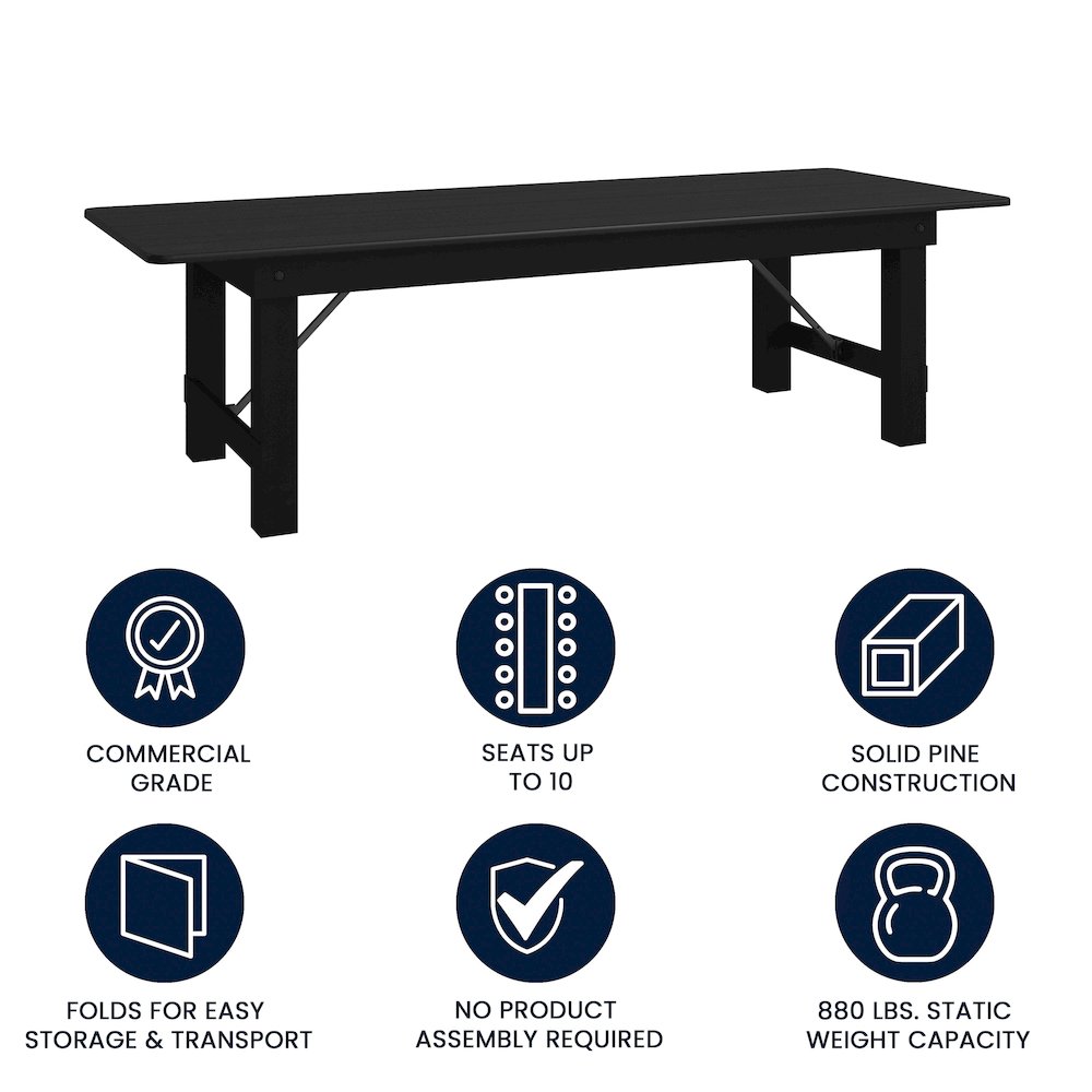 9'x 40" Rectangular Black Wash Farmhouse Folding Table,Antique Rustic Solid Pine. Picture 4