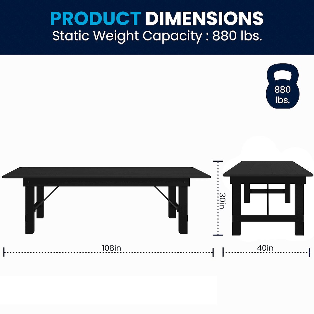 9'x 40" Rectangular Black Wash Farmhouse Folding Table,Antique Rustic Solid Pine. Picture 9