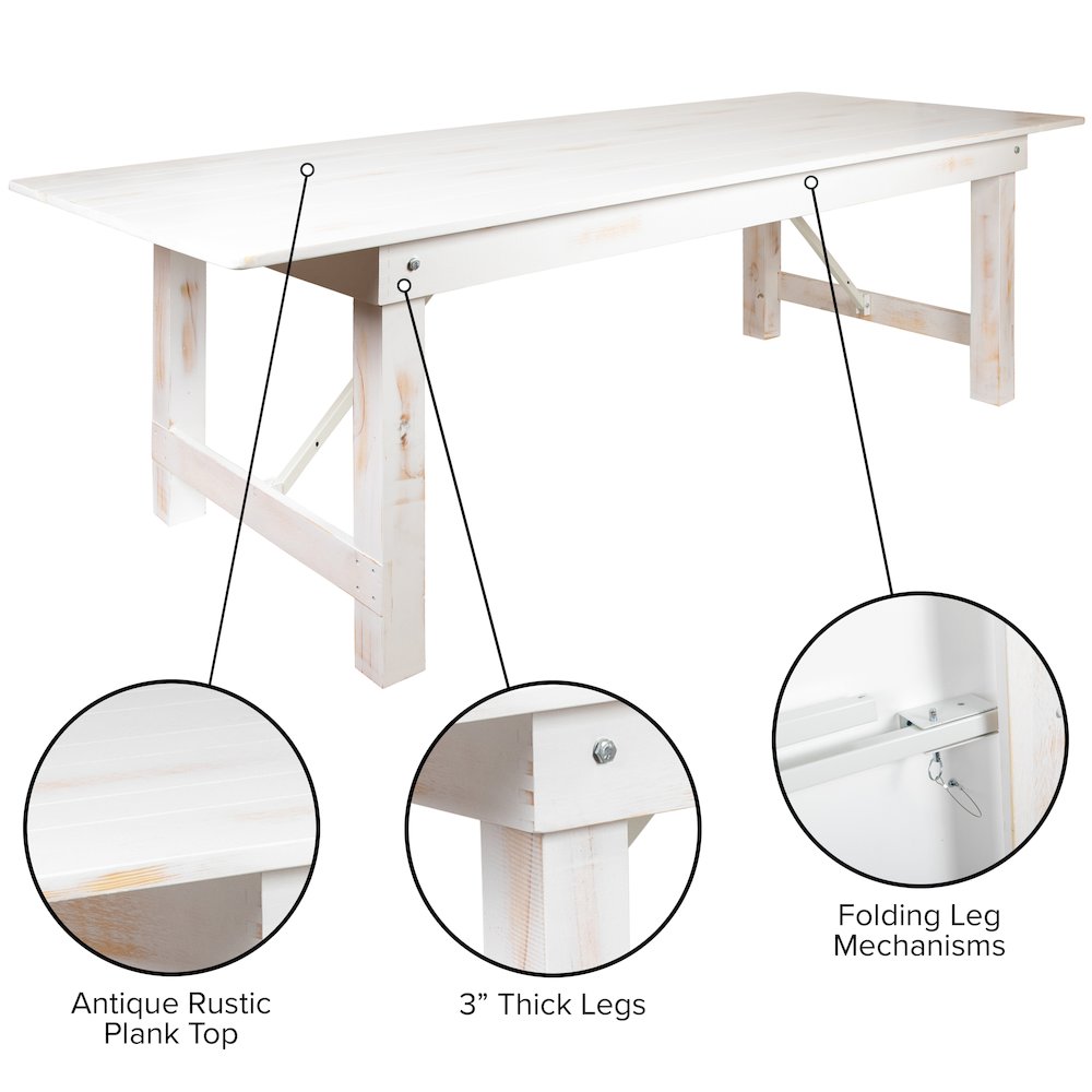 9' x 40" Rectangular Antique Rustic White Solid Pine Folding Farm Table. Picture 6