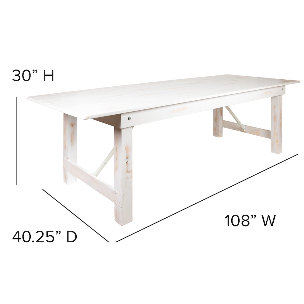 9' x 40" Rectangular Antique Rustic White Solid Pine Folding Farm Table. Picture 7
