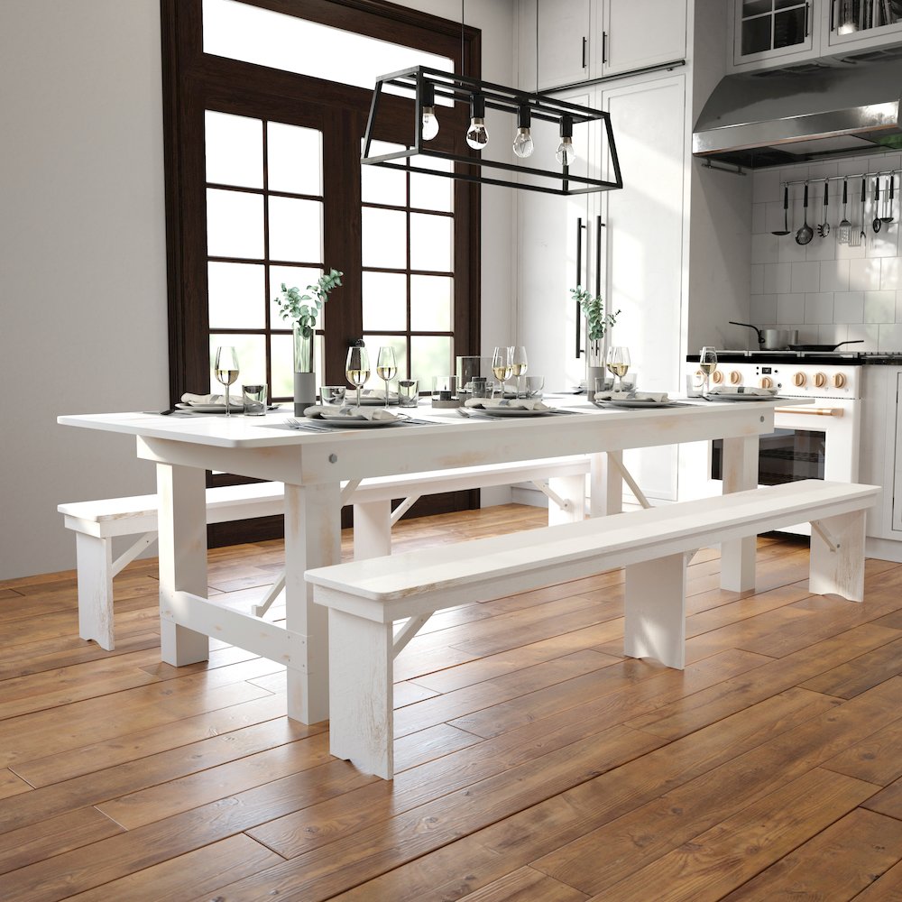 9' x 40" Rectangular Antique Rustic White Solid Pine Folding Farm Table. Picture 2