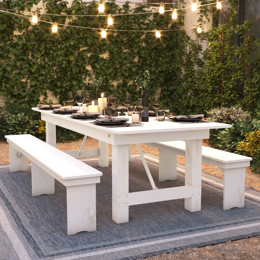 9' x 40" Rectangular Antique Rustic White Solid Pine Folding Farm Table. Picture 8