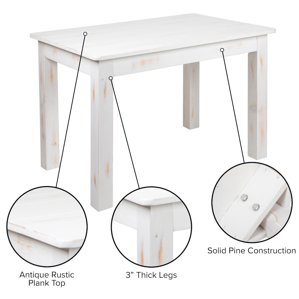 46" x 30" Rectangular Antique Rustic White Solid Pine Farm Dining Table. Picture 5