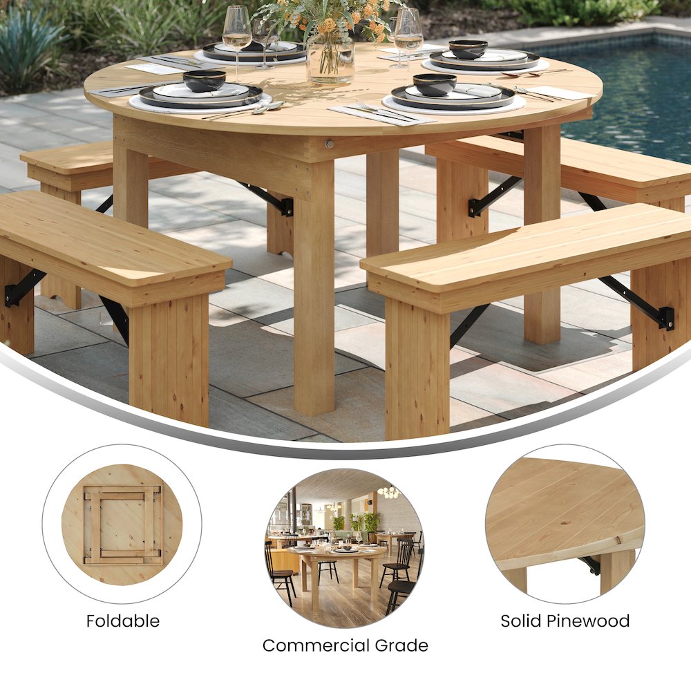 60" Round Light Natural Farmhouse Folding Table, Antique Rustic Solid Pine. Picture 5