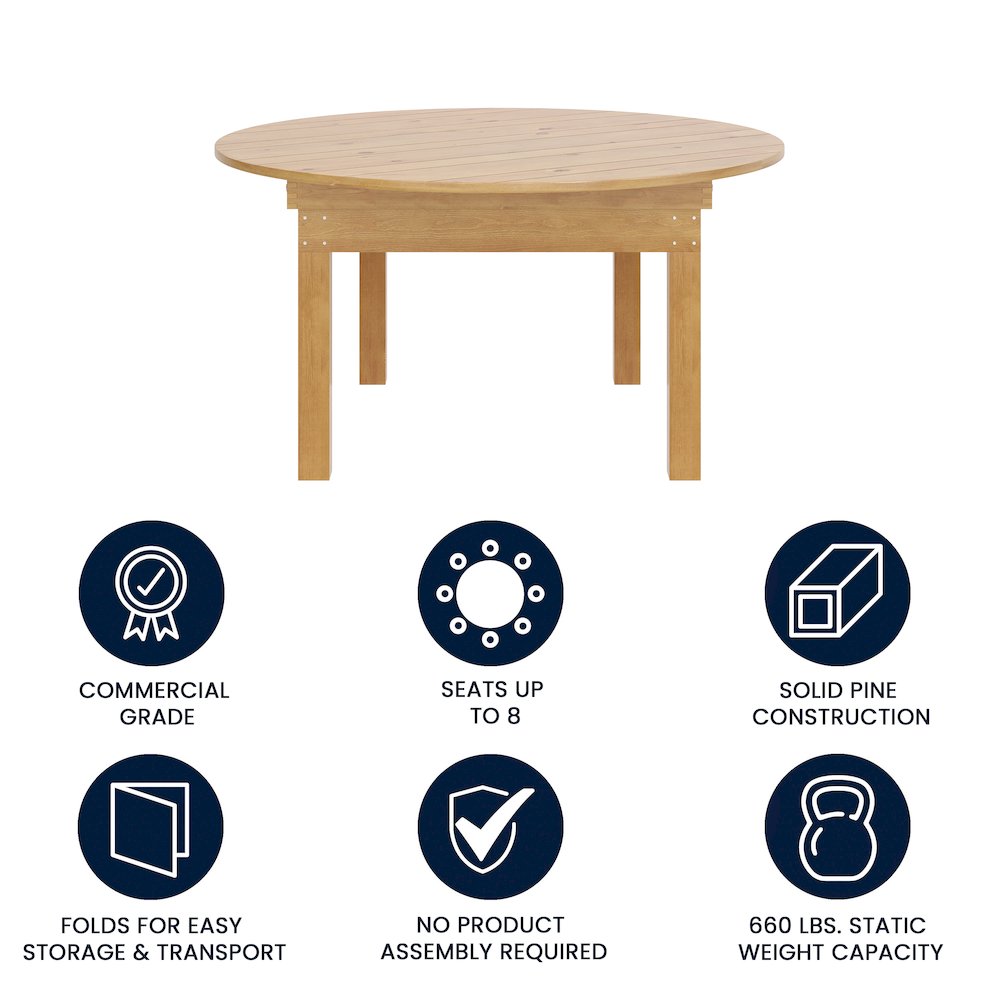 60" Round Light Natural Farmhouse Folding Table, Antique Rustic Solid Pine. Picture 4