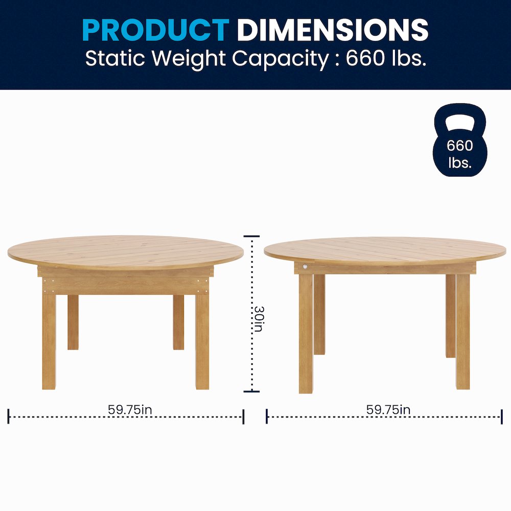 60" Round Light Natural Farmhouse Folding Table, Antique Rustic Solid Pine. Picture 7
