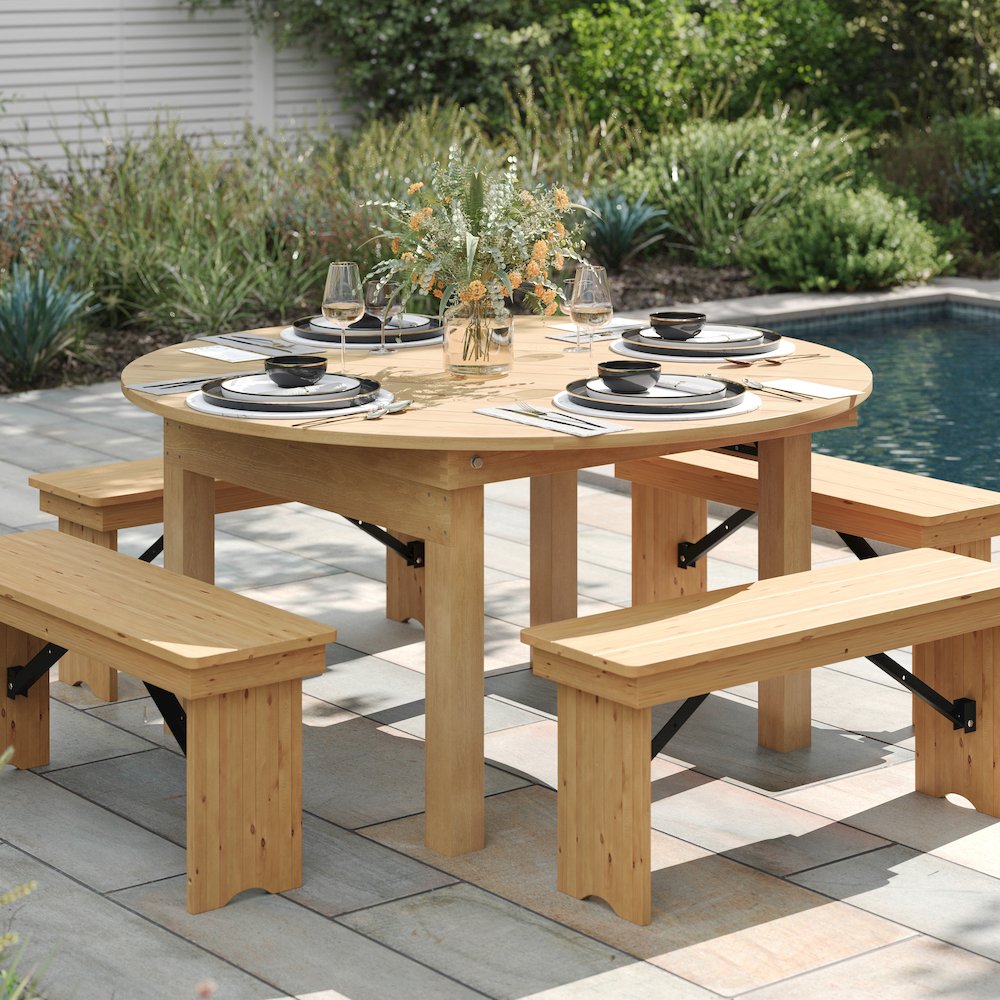 60" Round Light Natural Farmhouse Folding Table, Antique Rustic Solid Pine. Picture 3