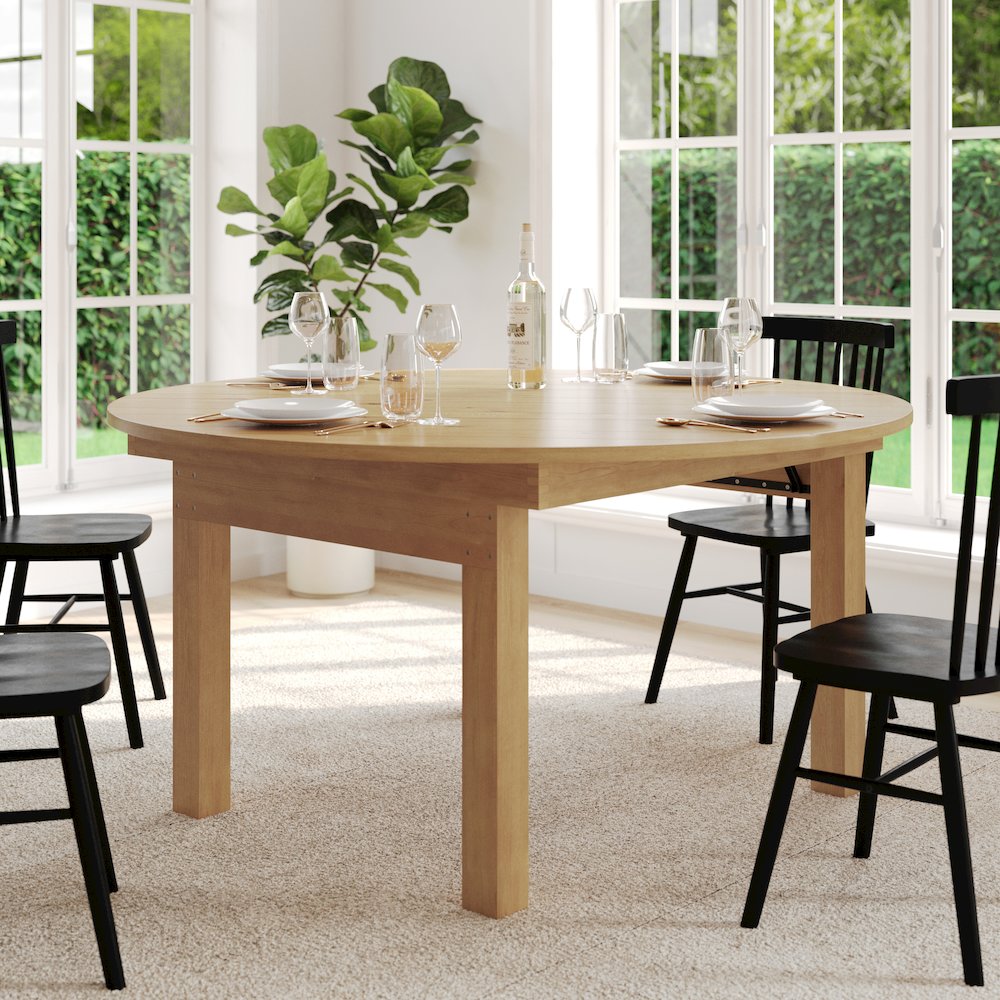 60" Round Light Natural Farmhouse Folding Table, Antique Rustic Solid Pine. Picture 8