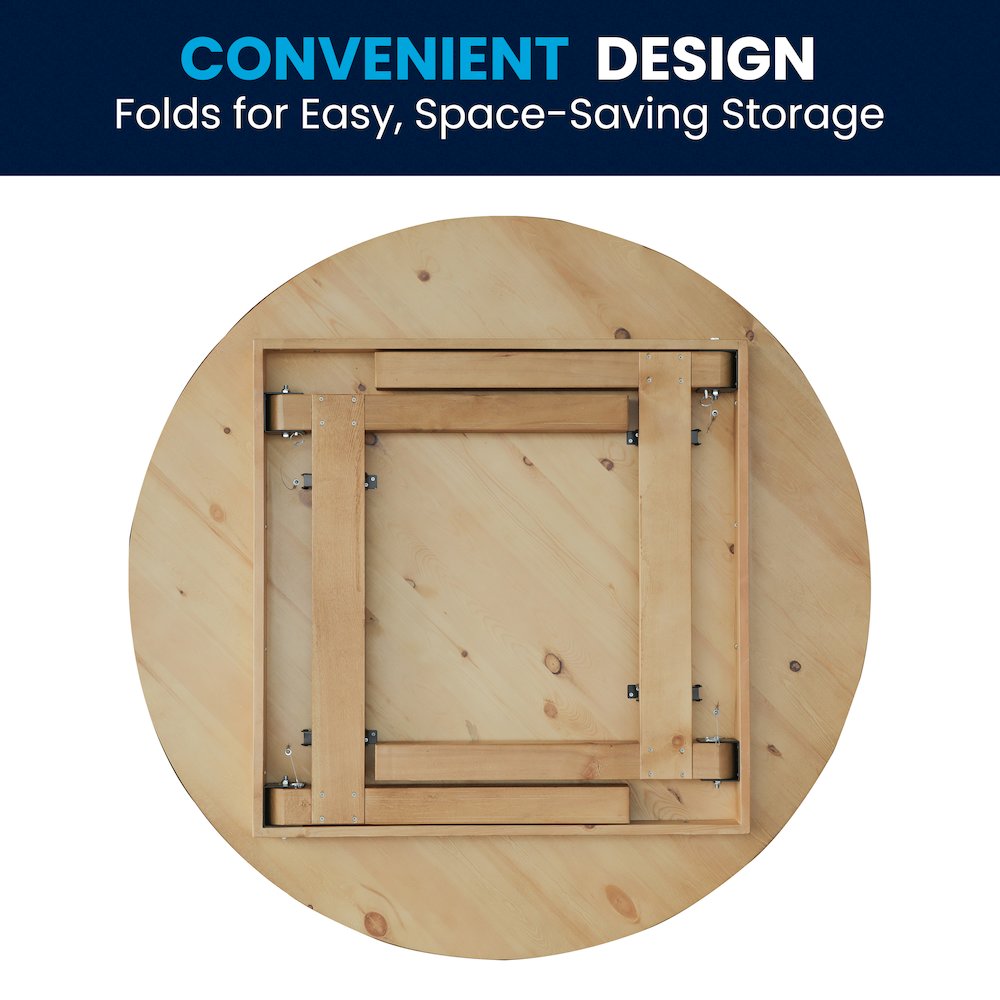 60" Round Light Natural Farmhouse Folding Table, Antique Rustic Solid Pine. Picture 10