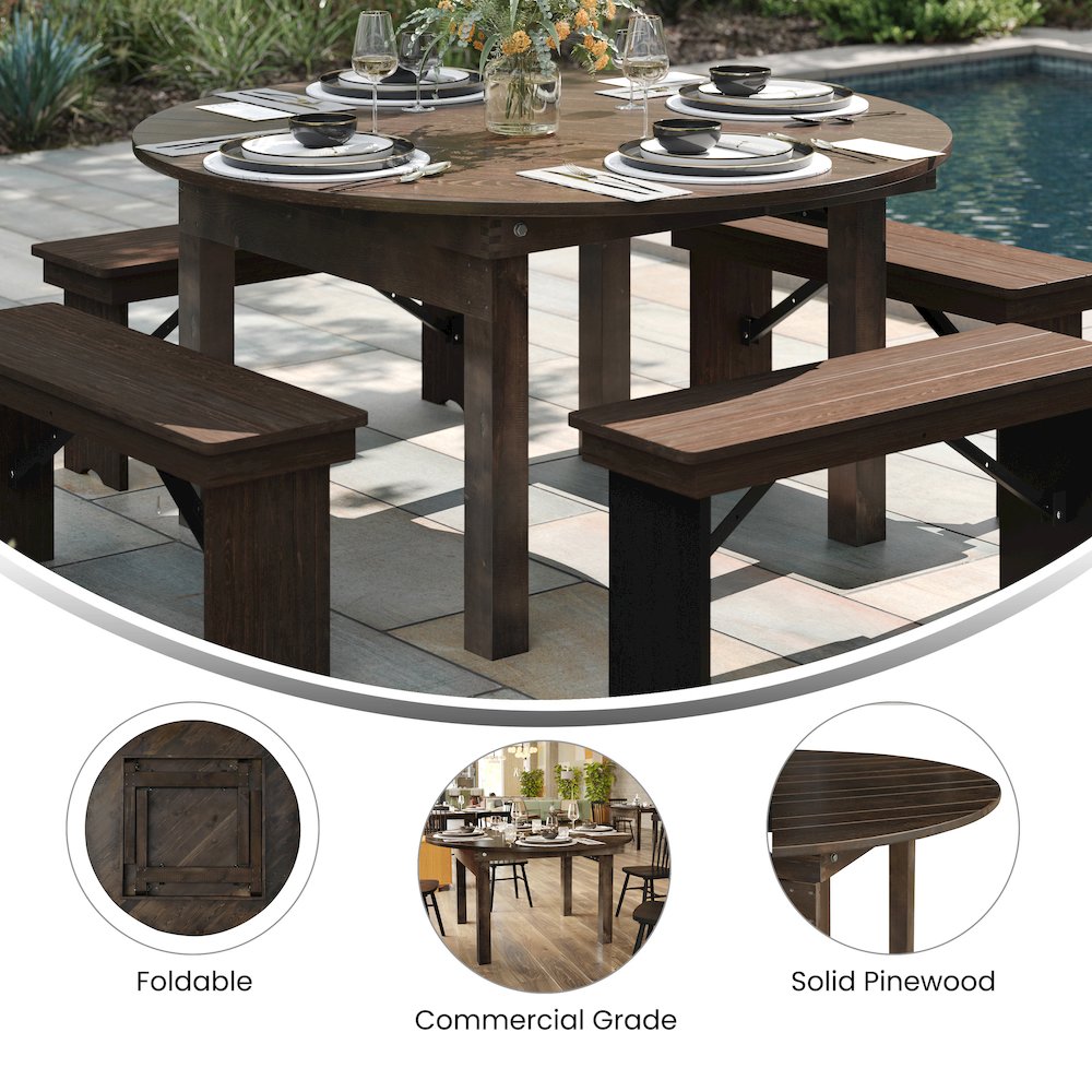 60" Round Mahogany Farmhouse Folding Table, Antique Rustic Solid Pine. Picture 5