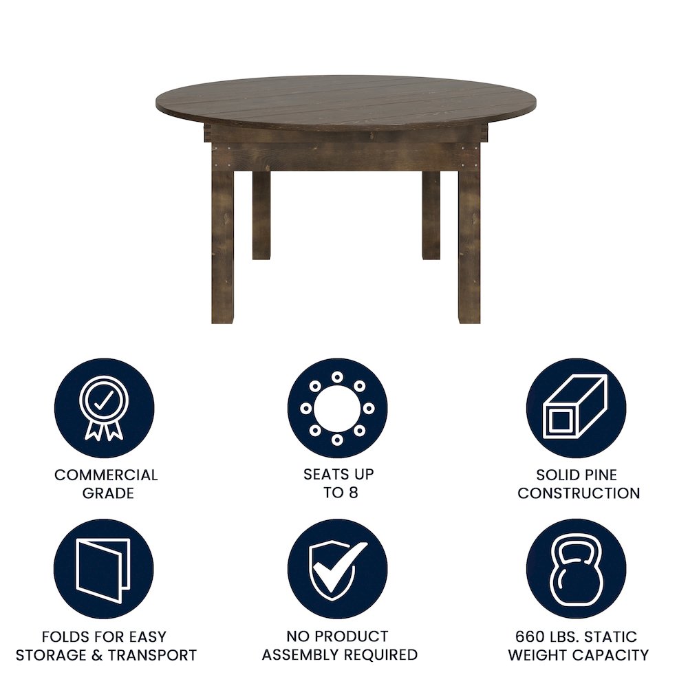 60" Round Mahogany Farmhouse Folding Table, Antique Rustic Solid Pine. Picture 4