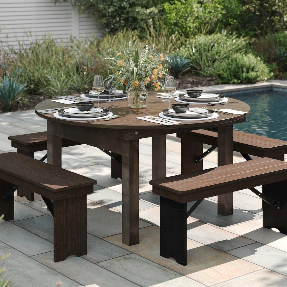 60" Round Mahogany Farmhouse Folding Table, Antique Rustic Solid Pine. Picture 3