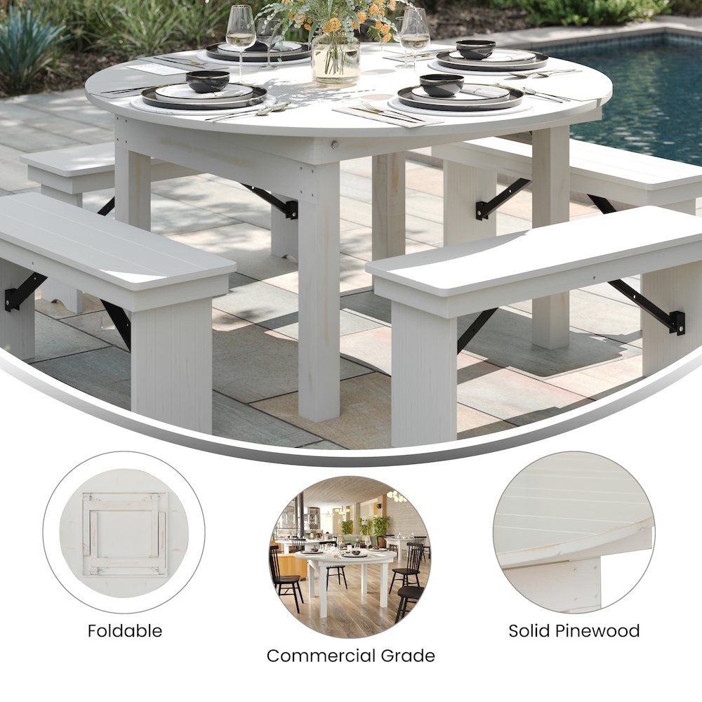 60" Round White Farmhouse Folding Table, Antique Rustic Solid Pine. Picture 5