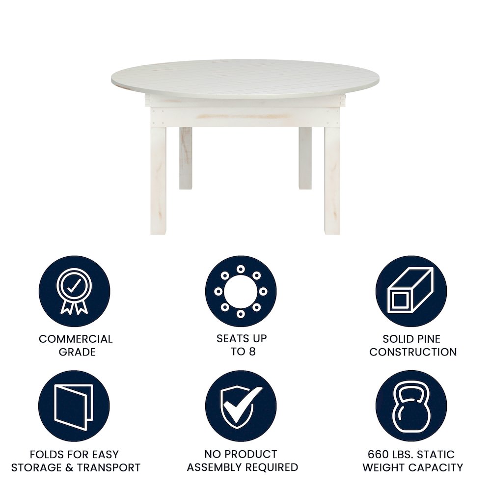 60" Round White Farmhouse Folding Table, Antique Rustic Solid Pine. Picture 4
