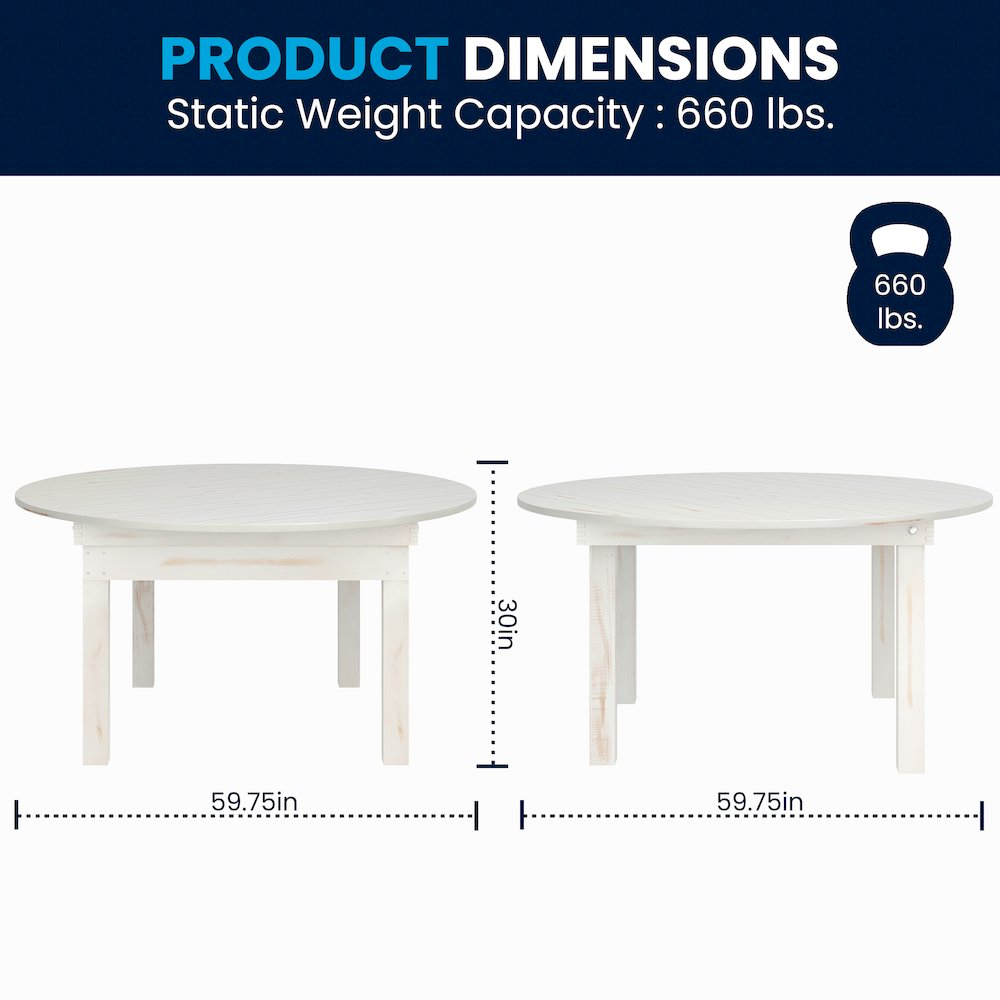 60" Round White Farmhouse Folding Table, Antique Rustic Solid Pine. Picture 7