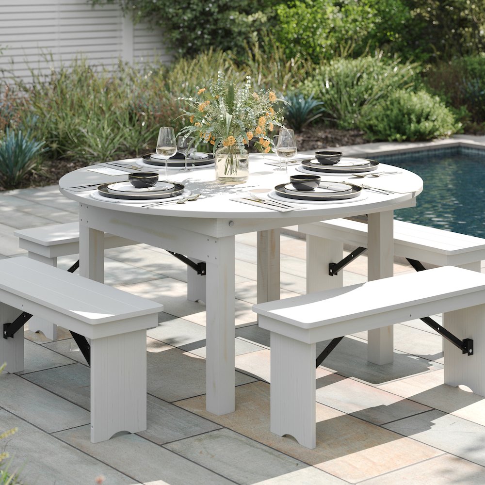 60" Round White Farmhouse Folding Table, Antique Rustic Solid Pine. Picture 3