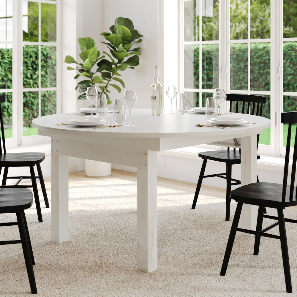 60" Round White Farmhouse Folding Table, Antique Rustic Solid Pine. Picture 8