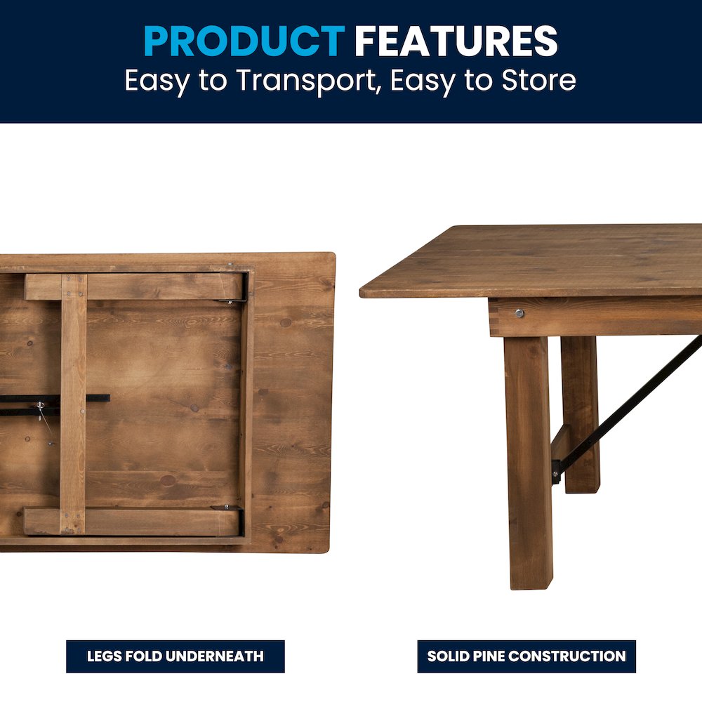 7' x 40" Rectangular Antique Rustic Solid Pine Folding Farm Table. Picture 8