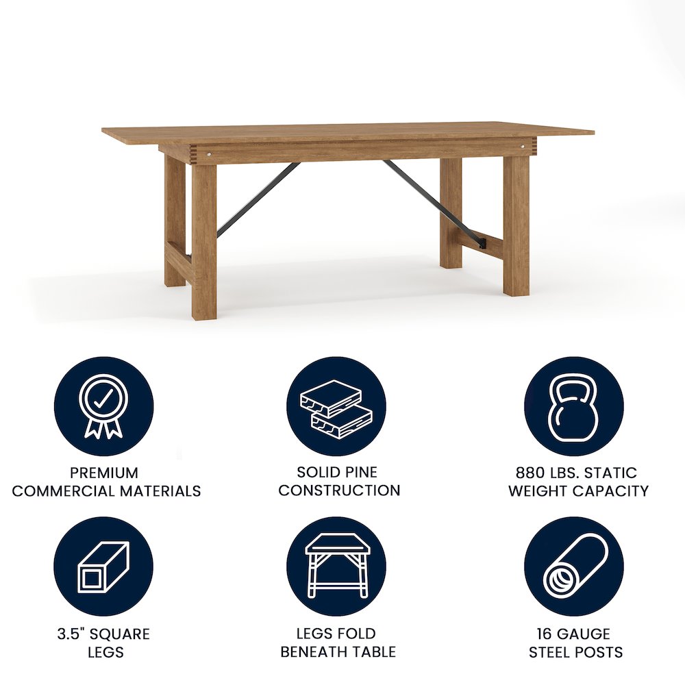 7' x 40" Rectangular Antique Rustic Solid Pine Folding Farm Table. Picture 5